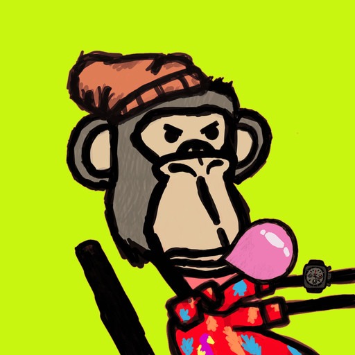 A grumpy hand-painted ape on a lime background